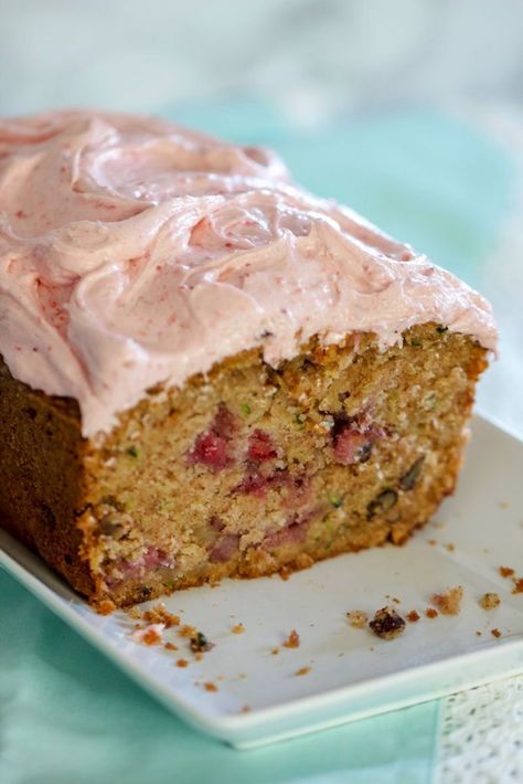 Frosted Strawberry Zucchini Bread www.chipsandpepper.com #bread #strawberries #zucchini #frosting Strawberry Zucchini Cake, Strawberry Zucchini Muffins, Strawberry Zucchini Bread Recipes, Zucchini Bread With Glaze, Bread Frosting, Strawberry Banana Zucchini Bread, Zucchini Lemon Raspberry Bread, Strawberry Zucchini Bread, Weekend Desserts