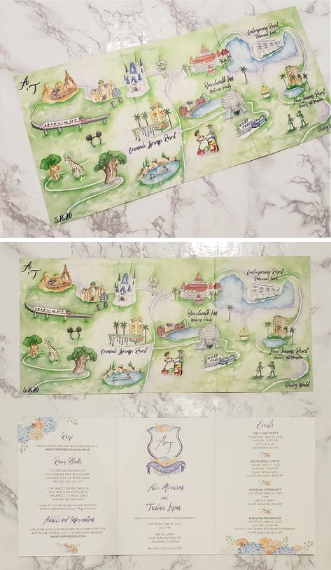 disney wedding invitation Dnd Wedding Invitations, Dnd Pets, Disney Map, Disney Wedding Invitations, Map Invitation, Disney Fairytale Wedding, Disney Watercolor, Shower Activities, Beach Invitations