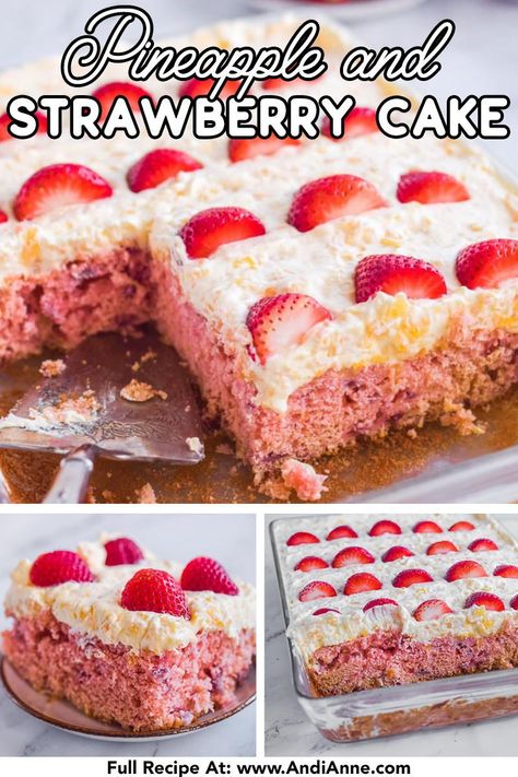 Strawberry pineapple cake is made with fresh strawberries and crushed pineapple. The base of the cake is a lovely pink color, with a delicious whipped topping and more fresh fruit. This cake is perfect for serving at birthdays or summer celebrations. Strawberry Pineapple Cake, Strawberry Pineapple Cake Recipe, Crushed Pineapple Cake, Strawberry Cake Mix Recipes, Pineapple And Strawberry, Pineapple Snack, Strawberry Crush, Celebration Desserts, Popular Desserts Recipes