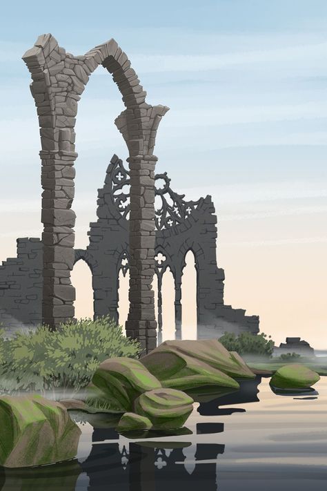 Abandoned Ruins Concept Art, Ancient Temples Concept Art, Ruins Drawing Reference, Stone Ruins Concept Art, Ruined Temple Concept Art, Ruined Castle Fantasy Concept Art, Castle Ruins Tattoo, Castle Ruins Drawing, Ruins Pixel Art