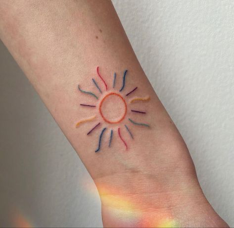 Rainbow Sunset Tattoo, Colorful Sun Tattoos For Women, Sun Doodle Tattoo, Sun And Rainbow Tattoo, Colorful Sun Tattoo, Sun Tattoo Color, Color Tatoos, Multicolor Tattoo, Gen Z Tattoo