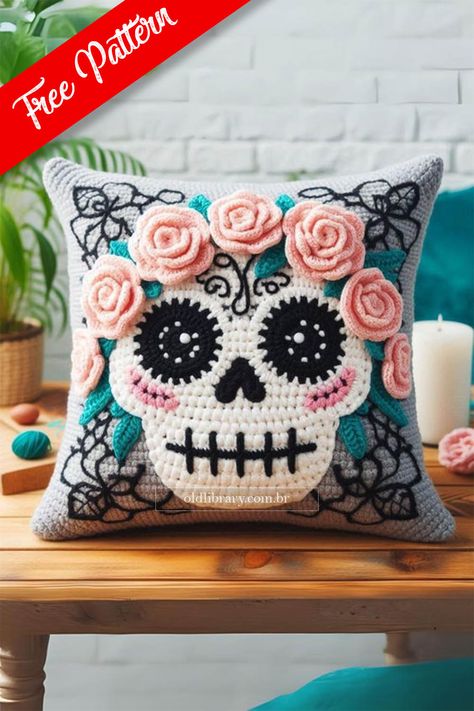 Sugar Skull Crochet Pillow Sugar Skull Crochet, Crochet Sugar Skull, Skull Crochet, Day Of The Dead Celebration, Crochet Skull Patterns, Detailed Crochet, Skull Pillow, Crochet Skull, Vibrant Home