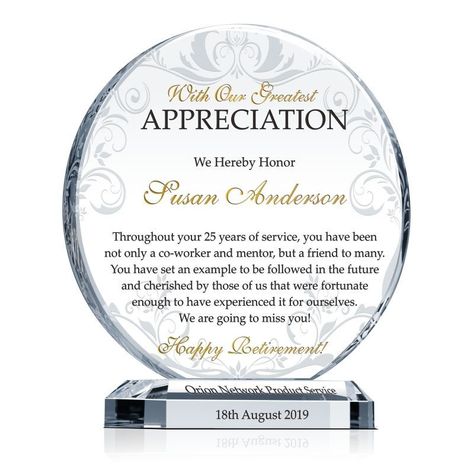 Employee Retirement Appreciation Gift Plaque - Wording Sample by Crystal Central Plaque Of Appreciation Design, Retirement Plaque Ideas, Retirement Plaque, Award Plaque Design Ideas, Employee Appreciation Awards, Retirement Plaque Wording, Donor Recognition Plaque, Retirement Messages, Retirement Plaques