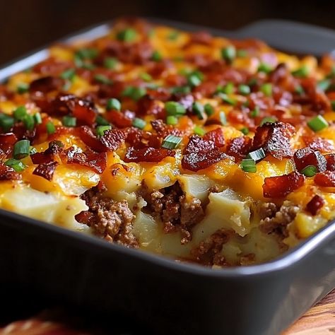 Loaded Potato Meatloaf Casserole Loaded Mashed Potato Meatloaf, Layered Crockpot Meals, Loaded Mashed Potato And Meatball Casserole, Loaded Potato Meatloaf Casserole Recipe, Loaded Mashed Potato Meatloaf Casserole, Hamburger And Mashed Potatoes, Mashed Potato Lasagna, Million Dollar Meatloaf, Best Hot Dish Recipes