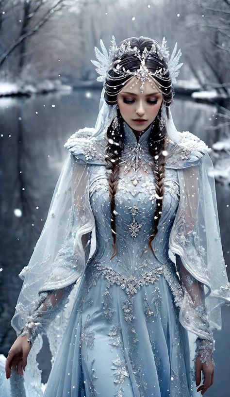 Blue Ice Dress, Beautiful Winter Outfits For Women, Black Snow Queen, Royal Winter Dress, Winter Court Dress, Winter Solstice Costume, Ice Witch Aesthetic, Winter Queen Dress, Snow Fairy Aesthetic