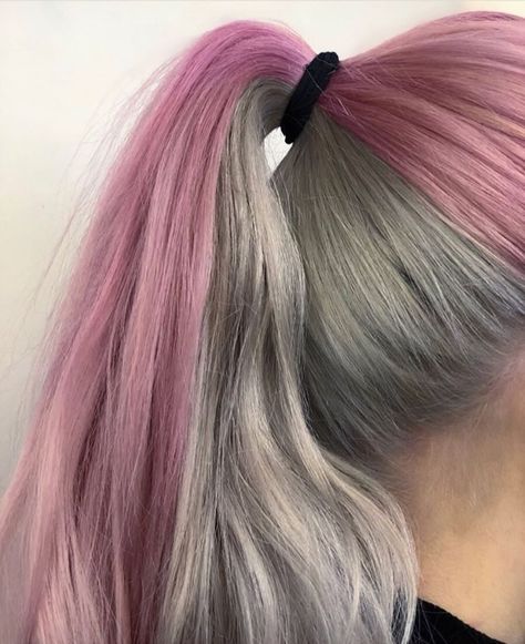 50/50 half pink grey silver hair dye ponytail for bleach London by Tori Dye Grey Hair, Half Colored Hair, Grey Silver Hair, Pink Ponytail, Silver Hair Dye, Two Color Hair, Silver Hair Highlights, Bleach London, Silver Hair Color