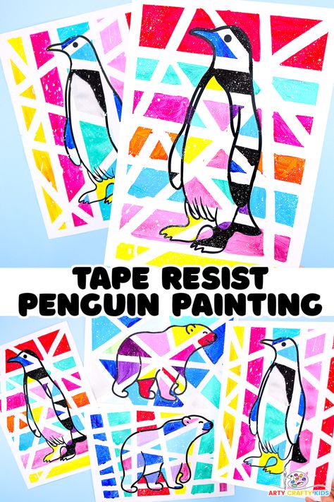 Create a beautiful tape resist penguin painting with the kids this Winter! A super fun and easy art project for kids of all ages, which takes the traditional tape resist art process a step further! Complete with templates. Easy Class Art Projects, Winter Art Kindergarten Easy, Art Ideas For Primary School, Winter Art Classroom, Art Ideas For Classroom, Grade 2 Winter Art, February Projects For Kids, Kindergarten Painting Projects, Winter Art For Elementary Students