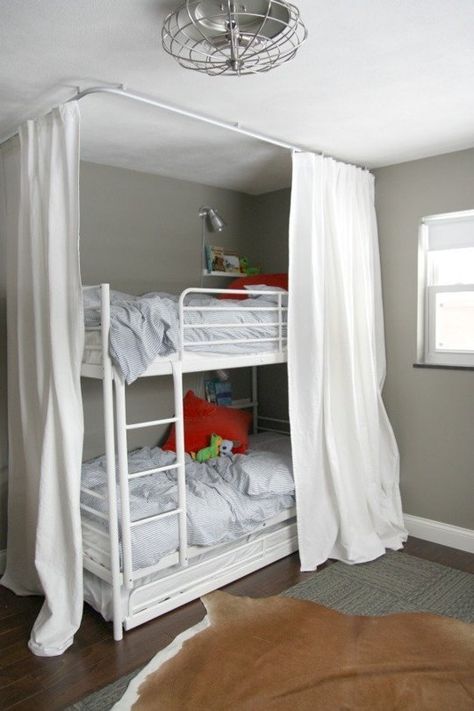 looks like 3 beds there with a trundle How to Use IKEA KVARTAL Track Curtains In Every Room | Apartment Therapy Bunk Bed Curtains, House Tweaking, Cctv Installation, Aluminum Ceiling, Bed Unit, Bunk Bed Mattress, Modern Bunk Beds, Cool Bunk Beds, Bunk Beds With Stairs