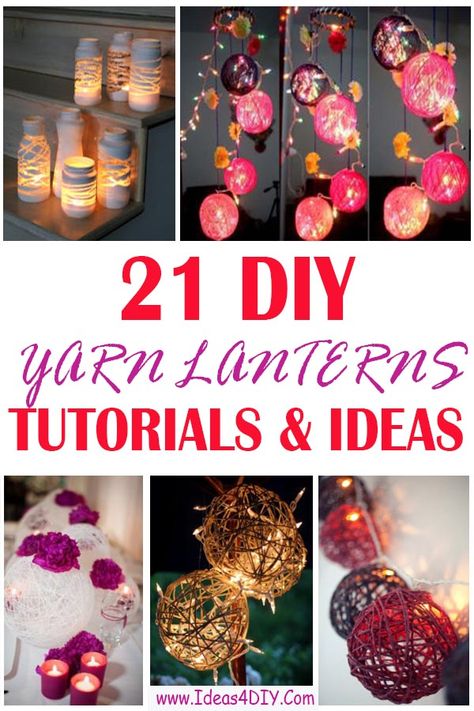 Yarn Lanterns Diy, Diy Lantern Lights, Yarn Lanterns, Twine Lanterns, Things To Make With Yarn, Indian Diy, String Lanterns, Fabric Lantern, Decorative Lanterns