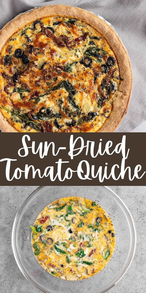 This creamy sun-dried tomato quiche is easy to make for a healthy, protein-packed breakfast. Made with sun-dried tomatoes, feta, mozzarella, spinach and black olives for a tasty and unique quiche recipe. Olive And Feta Quiche, Tomato Mozzarella Quiche, Quiche Recipes With Tomatoes, Quiche Recipes Feta, Spinach Sundried Tomato Quiche, Quiche With Sundried Tomatoes, Sundried Tomato Quiche Recipes, Sun Dried Tomato Quiche Recipes, Tomato Quiche Recipes