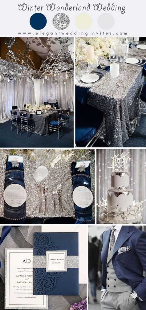 sparkly silver and navy blue wonderland theme winter wedding colors Blue And Silver Wedding, Silver Winter Wedding, Winter Wonderland Wedding Theme, Silver Wedding Theme, Blue Silver Weddings, Wonderland Wedding Theme, Blue Winter Wedding, Galaxy Wedding, Wedding Color Scheme