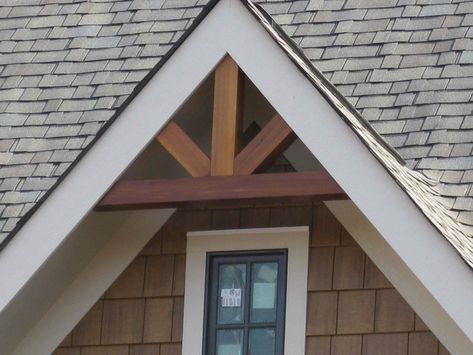 Gable Peak Accent, Cedar Gables On House Exterior Diy, Porch Brackets Farmhouse, Cedar Brackets Exterior, Diy Gable Bracket, Cedar Gable Accents, Gable Trim Ideas, House Peak Accents, Gable Brackets Exterior