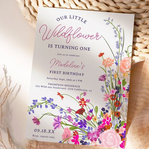 Modern Chic Wildflower Script 1St Birthday Invitation #zazzle #weddinginvitations #birthdayinvitations #babyshowerinvitations #zazzleinvitations #monogram #businesscards #graduation #homedecor Wild Flowers Bouquet, Wildflower Birthday Party, Green And Terracotta, Bouquet Illustration, Elegant Birthday Invitations, Summer Birthday Invitations, Pink Purple Flowers, Flower Birthday Party, Floral Birthday Invitations