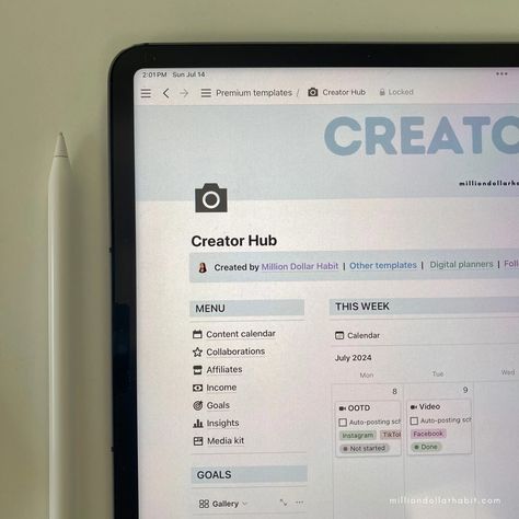 NEW for Notion ✨🎧💡 A template made for aspiring (and established) content creators 💌 What’s inside: - Creator dashboard with an easy access menu, goals preview, content calendar, and monthly income overview - Content calendar (Monthly + Weekly view) with templates for video, blog, and image posts for all platforms (Instagram, TikTok, YouTube, etc.) - Collaboration tracker - Affiliates tracker - Platform insights - Income tracker - Goal tracker - Media kit template that you can share with br... Income Tracker, Media Kit Template, Monthly Income, Calendar Monthly, Content Calendar, Video Blog, Goal Tracker, Content Calendars, Digital Planning