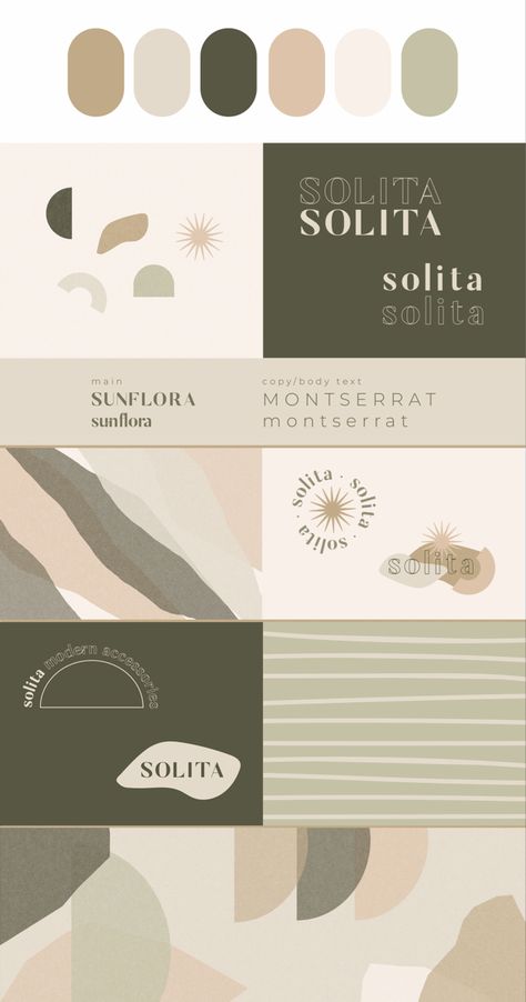 Modern Boho brand design for fashion brand Solita, by The Wonderbrand. Modern Type logo with green colours. Neutral and minimal boho colour palette for modern brand design. Boho Colour Palette, Bohemian Branding, Ideas For Boutique, Empty Background, Logo Design Unique, Bright House, Desk Plant, Decoration Stage, Boho Logo Design