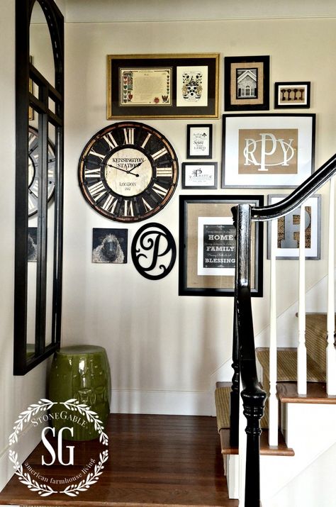 ADDING A CLOCK TO WALL ART GALLERY- wall art gallery with clock-stonegableblog.com Wall Collage With Clock, Wall With Clock, Stone Gable, Wall Galleries, Clock Living Room, Gallery Wall Ideas, Stair Case, Clock Wall, Living Room Spaces