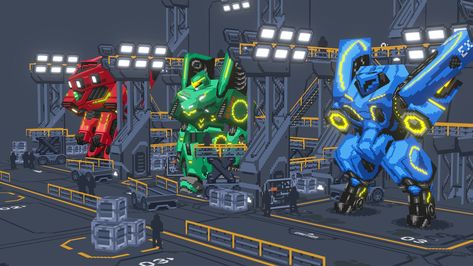 "Mech Hangar" by / Mech Hangar, Japanese Robot, Robot Design, Low Poly, Drawing Reference, Game Design, Pixel Art, Art Inspiration, Log In