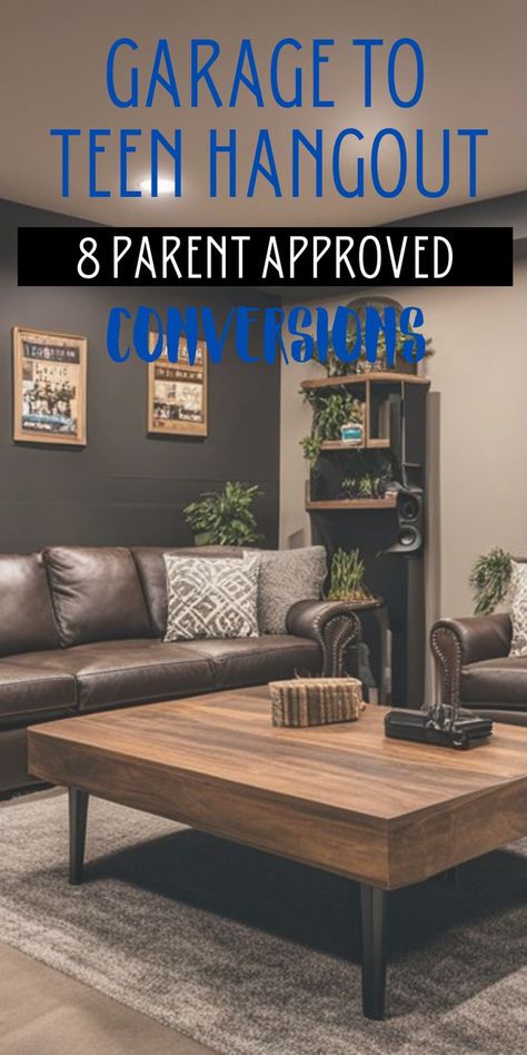 Comfortable hangout room for teens in a garage conversion. Hangout Room Ideas Teen Lounge, Garage Turned Into Living Space, Teen Playroom, Kids Hangout Room, Teen Basement, Teen Lounge Rooms, Hangout Room Ideas, Teen Hangout Room, Teen Game Rooms