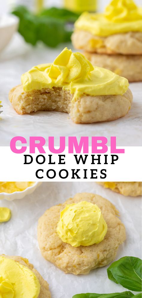 Crumbl Pineapple Dole Whip Cookies - Lifestyle of a Foodie Pineapple Frosting, Pineapple Dole Whip, Crumble Cookie Recipe, Lifestyle Of A Foodie, Pineapple Whip, Dole Whip, Tropical Oasis, Easy Cookies, Cookie Recipe