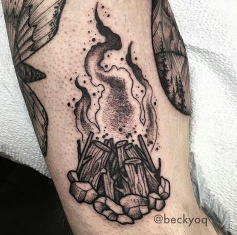 Black and gray dotwork campfire tattoo by @beckyoq Campfire Tattoo, Infinity Tattoo On Wrist, Grey Ink Tattoos, Nature Tattoo Ideas, Pretty Tattoo, Woodcut Tattoo, Cool Nature, Ancient Tattoo, Flame Tattoos