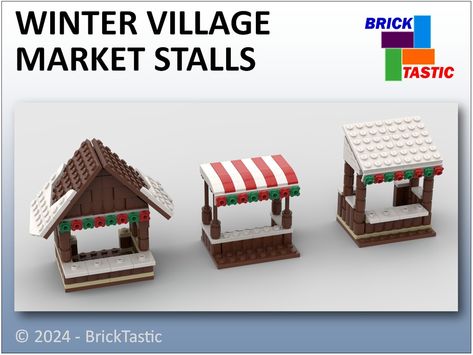 LEGO MOC Winter Holiday Village Market Stall by Brick Tastic | Rebrickable - Build with LEGO Lego Christmas Village Instructions, Lego Micro Builds Christmas, Lego Holiday Village, Lego Market Stall, Lego Winter Village Moc, Christmas Lego Village, Lego Village Ideas, Diy Lego Builds, Lego Winter Village Ideas