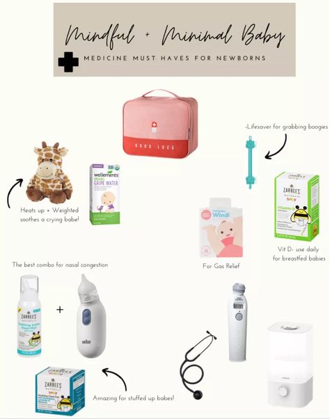 The must have items for newborns in your medicine cabinet! All natural solutions to common ailments. The perfect new baby gift + baby registry item! Medicine Cabinet Must Haves, Baby Medicine Kit, Baby Registry Ideas, New Born Must Haves, Baby Medicine, Minimal Baby, Natural Medicine Cabinet, Gripe Water, Baby Vitamins