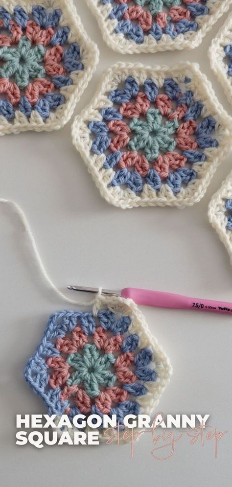 Learn how to crochet a classic hexagon granny square with this beginner-friendly guide & video tutorial, plus learn the tricks to make them picture-perfect. #BHooked #Crochet #HowToCrochet #CrochetPattern #CrochetTutorial Crochet Squares Projects, Hexagon Crochet Squares, Hexagon Square Crochet, Crochet With Color Changing Yarn, Hexagon Granny Square Pattern Free, Join As You Go Crochet Squares, Crochet Granny Square Pattern Free Easy Simple, Crochet Diy Beginner, Basic Granny Square Crochet Pattern Free