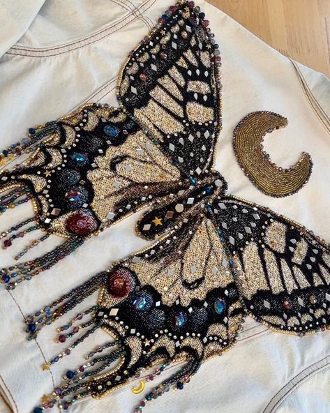 Butterfly Jacket, Jean Jacket Design, Butterfly Fashion, Swallowtail Butterfly, The Camino, Santa Barbara California, Denim Diy, Bead Embroidery Jewelry, Upcycled Fashion