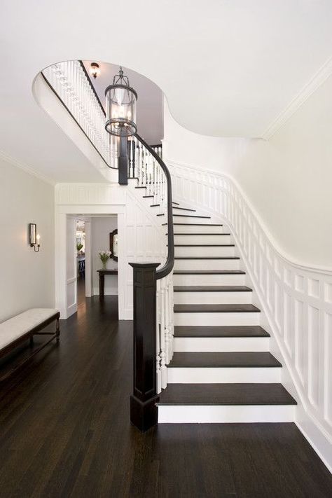 Paint colors for wood floors and trim: Atrium White Benjamin Moore Black And White Staircase, Stairs Trim, White Staircase, Hall Ideas, Traditional Staircase, Stair Rail, Hardwood Floors Dark, Best White Paint, Floor Stain