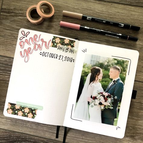 One Year wedding anniversary bullet journal memory page Wedding Anniversary Scrapbook Ideas, Anniversary Journal Ideas, Wedding Journal Ideas, Diy Wedding Journal, Wedding Journal Scrapbook, Wedding Bullet Journal, Memory Book Ideas Boyfriend, Anniversary Memory Book, Year Album