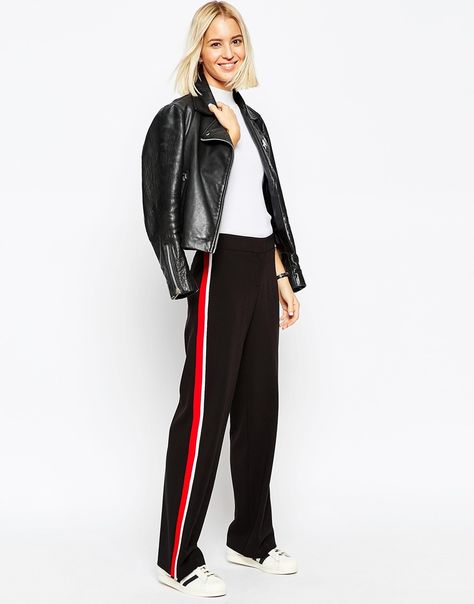 Image 1 of ASOS Wide Leg Pant with Side Stripe Black Pants With Red Stripe On Side, Fashion Week Street Style Outfits, Stripe Pants Outfit, Track Pants Outfit, Side Stripe Trousers, Abbey Clancy, Camila Morrone, New York Fashion Week Street Style, Pantalon Large