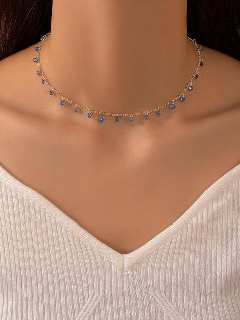 1pc Fashion Zinc Alloy Rhinestone Charm Chain Necklace For Women For Dating Gift Jewel Choker, Light Blue Necklace, Hoco Nails, Dating Gifts, Y2k Necklace, Blue Girl, Dainty Choker, Girl Accessories, Women Pendant