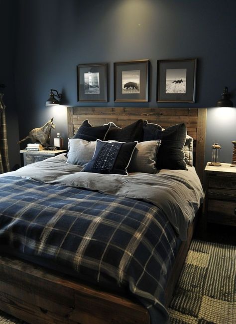 Diy Dream Home, Men's Bedroom, Bedroom Ideas For Men, Bedroom Wall Decor Ideas, Country Bedroom Decor, Feature Wall Bedroom, Masculine Bedroom, Black Rooms, Interior Design Your Home