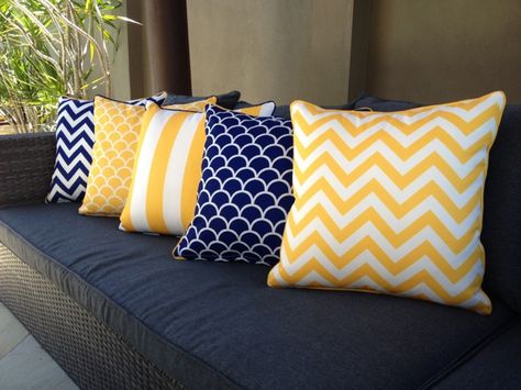 #Outdoor #UV treated #cushion covers #mildew resistant #water resistant #stain resistant beautiful bright #chevron #stripe #fishscale designs 45x45cm www.beachabodeliving.com.au Draps Design, Blue Living Room Decor, Living Room Decor Gray, Living Room Decor Colors, Bantal Sofa, Yellow Decor, Curtains Living, Blue Living Room, Chevron Stripe