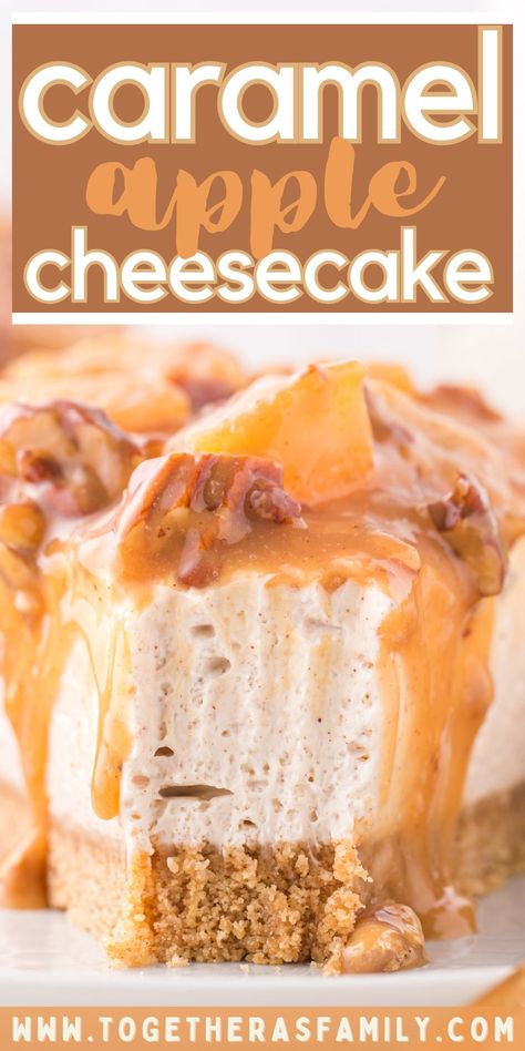 Looking for a delicious fall dessert? Try this Caramel Apple Cheesecake with a cinnamon graham cracker crust, a creamy apple-spiced no bake cheesecake filling with caramel, apple pie filling, and complete with a pecan streusel topping. No Bake Caramel Apple Cheesecake, Cheesey Recipes, Baked Apple Cheesecake, Caramel Apple Pie Filling, Caramel Apple Cheesecake Recipes, No Bake Cheesecake Recipes, Cinnamon Graham Cracker Crust, Apple Cheesecake Recipes, Cheesecake Homemade