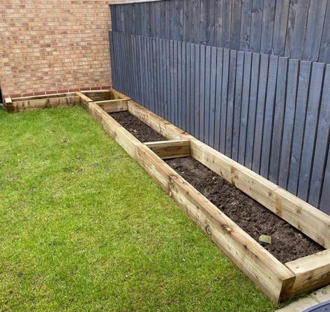 Sleeper Raised Beds Patio, Small Garden Raised Borders, Raised Flower Beds Sleepers, Raised Sleeper Flower Beds, Wooden Sleepers Garden, Raised Flower Bed Front Of House, Sleeper Garden Beds, Raised Garden Borders, Railway Sleeper Beds