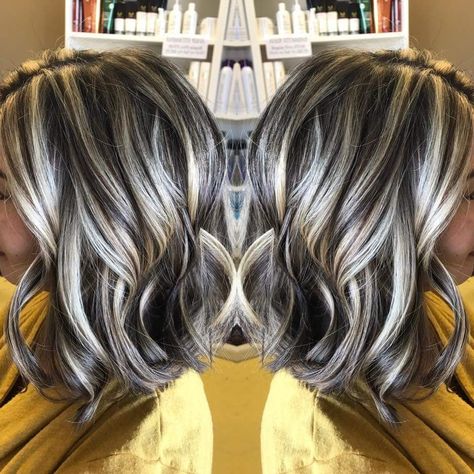 #angledbob #highlights #lowlights  Hair by: Sharon Teceno Lowlights Hair, Hair Highlights And Lowlights, Highlights Lowlights, Covering Gray Hair, Dark Hair With Highlights, Brown Hair With Blonde Highlights, Blending Gray Hair, Gray Hair Highlights, Hair Color Highlights