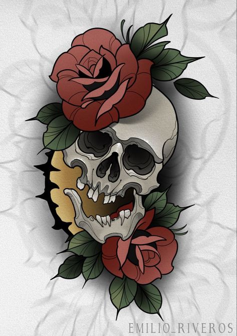 Neo Traditional Skull And Rose Tattoo, Dark Neotraditional Tattoo, Neotrad Skull Tattoo, Neotraditional Skull Tattoo Design, Neo Trad Skull, Neotraditional Skull Tattoo, Japanese Skull Tattoo Design, Neotrad Skull, Neo Traditional Skull Tattoo