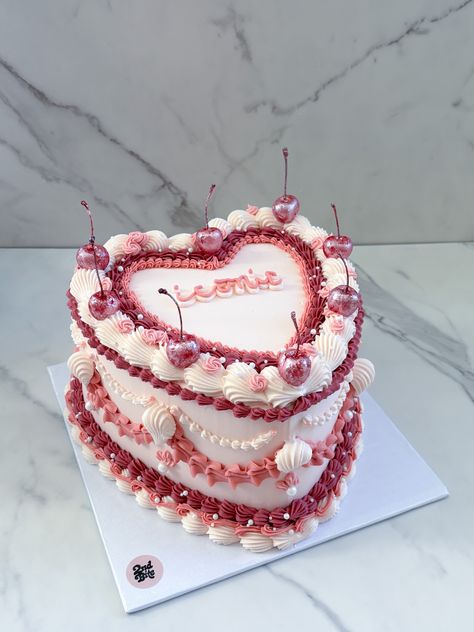 Vintage heart cake decorated in shades of pink and pink glitter cherries Pink Vintage Heart Cake, Glitter Cherries, San Diego Vintage, Vintage Heart Cake, Heart Birthday Cake, 22nd Birthday Cakes, Bolo Vintage, 18th Cake, Vintage Birthday Cakes