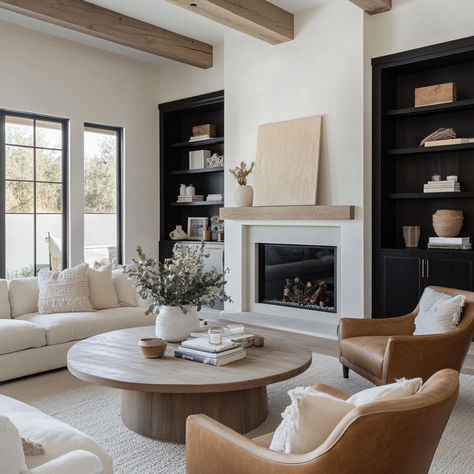 living room with a modern, minimalist aesthetic that combines timeless design elements with cozy touches. Get inspired by this bright and airy space, featuring neutral tones, leather furniture, and wooden accents, creating the perfect environment for relaxing and entertaining.  #InteriorDesign #HomeDecor #LivingRoomInspo #McGeeAndCoStyle #MinimalistDecor #CozyLiving #ModernHome #NeutralPalette #DesignInspiration #HomeStyling #EuropeanDesign #ScandinavianDesign #UKInteriorDesign #NYCInteriors Studio Mcgee Inspired Living Room, Round Coffee Table Living Room Layout, Symmetrical Living Room With Fireplace, Shea Mcgee Style Living Room, Jeff Lewis Design Living Room, White Couch Leather Chair Living Room, Cozy Neutral Decor, Modern Boho Living Room Inspiration, California Modern Living Room