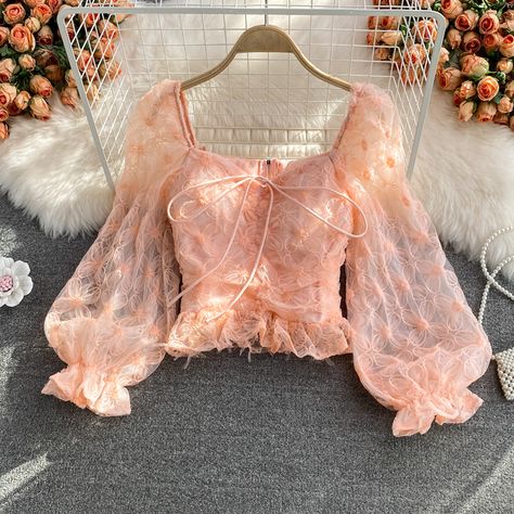 Cute tulle puff sleeve short topsFabric: tulleColor: pink, white, blackSize(cm): free size (1inch=2.54cm)length 46cm bust 86cm Lace Shirts, Fancy Shirt, Mesh Shirt, Really Cute Outfits, Lace Shirt, Cute Casual Outfits, Short Tops, Aesthetic Clothes, Pretty Outfits