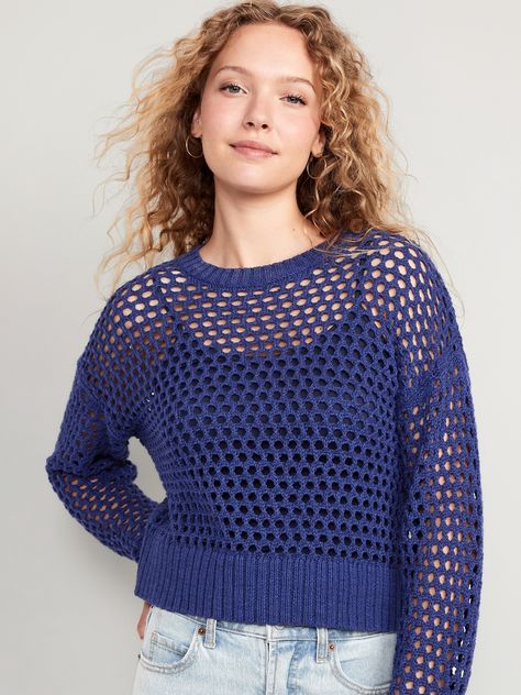 Rib-knit crew neck.  Long sleeves with rib-knit cuffs.  Open-stitch yarn is great for layering.  #730325 Mesh Crochet Top, Summer Sweaters, Crochet Top Pattern, Fitted Sweater, Knit Cuff, Blue Sweaters, Crochet Clothes, Pullover Sweater, Pullover Sweaters