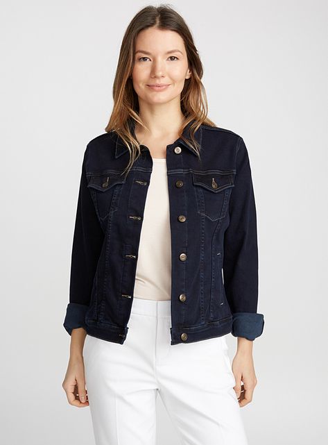 Essential jean jacket - Denim - Dark Blue Dark Blue Jeans Jacket Outfit, Dark Blue Jean Jacket Outfits, Dark Blue Denim Jacket Outfit, Dark Denim Jacket Outfit, Navy Jacket Outfit, Blue Denim Jacket Outfit, Denim Jacket Outfit Women, Blue Jean Jacket Outfits, Dark Jean Jacket