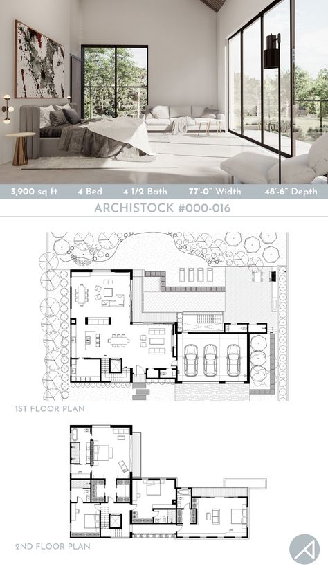 4 Bed, 4.5 Bath Modern Farmhouse Plan. Double story structure with optional basement and attic. Size 77’-0” Wide x 48’-6” Depth, approximately 3,900 sf heated area (not including garage, basement and attic). Please visit our website to see the floor plans, other images, and video of the house. #modernfarmhouse #farmhousemodern #homeplan #houseplan #homefloorplan #modernhouse 4 Bed Rooms House Plan, Contemporary Farmhouse Plans, Farmhouse Layout, Floor Panels, Garage Basement, Modern House Floor Plans, Farmhouse Architecture, Modern Floor Plans, Two Story House Plans