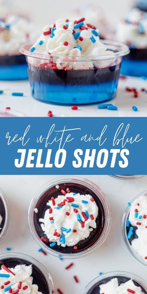 Red white and blue jello shots are the best drink for a fourth of July or Memorial Day party. Whether you're headed to the beach, having a party, or firing up the grill, these patriotic Jell-O shots will most definitely liven up your celebration. Blue Jello Shots Recipe, Patriotic Jello Shots, Patriotic Jello, Red White And Blue Jello, White Jello, Blue Jello Shots, Jello Shots Recipe, Jello Shots Vodka, Layered Jello