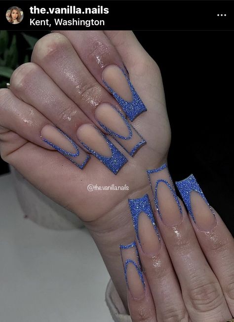 Glitter Black Nail Designs, Sparkly Royal Blue French Tip Nails, Glittery Blue French Tip Nails, Prom Nails Silver And Blue, Dark Blue Acrylic Nails Glitter, Acrylic Nail Designs With Gems, Sparkly Blue French Tip Nails, Blue Sparkle French Tip Nails, Blue Tapered Square Nails