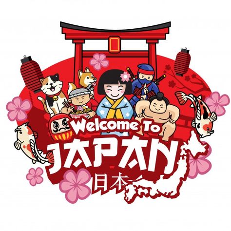 Greeting welcome to japan with cute styl... | Premium Vector #Freepik #vector #japan #welcome #tourism #culture Welcome To Japan, Tokyo Kawaii, Kawaii Clipart, Japan Painting, Japan Garden, Art Japan, Japan Tokyo, Japan Design, Badge Design