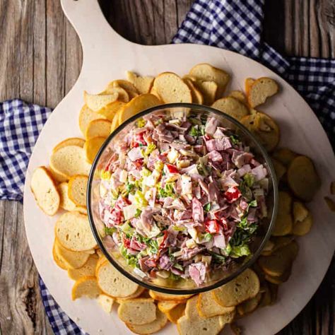 An old favorite! This easy hoagie dip recipe is just like an Italian sub, but in dip form! Loaded with hearty meats, cheese, and veggies. Italian Sub Dip, Hoagie Dip Recipe, Italian Hoagie Dip, Hoagie Dip, Hoagie Sandwiches, Italian Hoagie, Savory Dips, Best Dip Recipes, Sub Sandwich