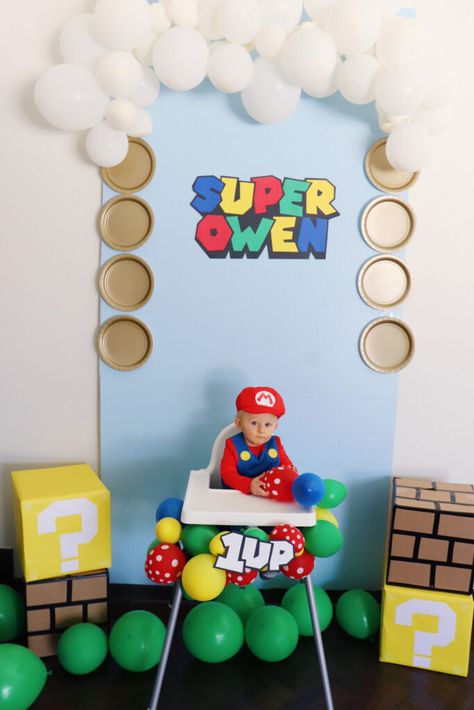 Mario First Birthday Party, Mario First Birthday, Super Mario Themed Birthday Party, Mario Themed Birthday Party, First Birthday Ideas, Baby Birthday Party Theme, Baby Cake Smash, Baby's First Birthday, Baby Friends