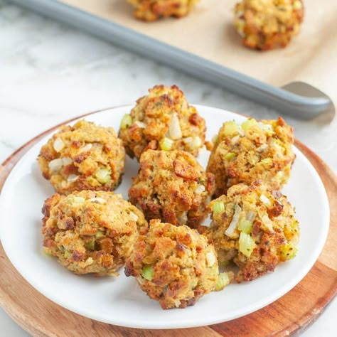 This easy stuffing balls recipe is great for a fun side dish. Stove Top Stuffing is formed into balls and baked to perfection. A great way to portion out stuffing for a holiday meal or family dinner. Thanksgiving For One, Stuffing Muffins, Stuffing Balls Recipe, Traditional Stuffing, Stuffing Balls, Turkey Tenderloin, Easy Stuffing, Sage Sausage, Food Groceries